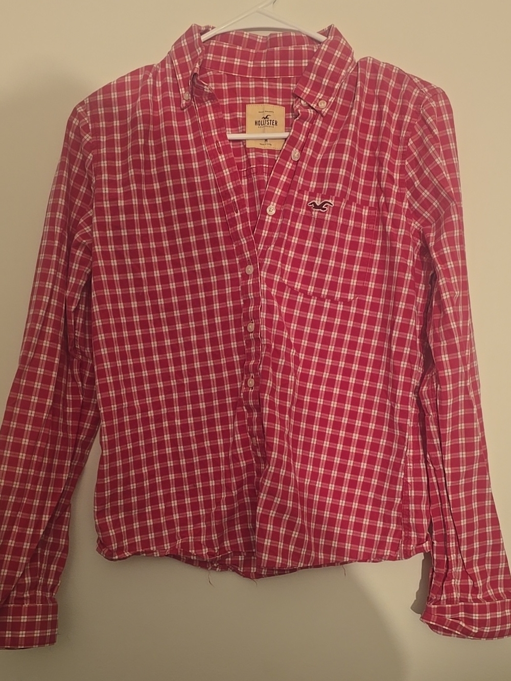Hollister Women's Red and White Plaid Button-Down Shirt